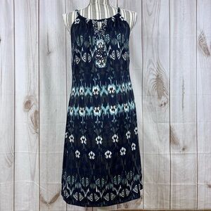 INC Dress Boho Ikat Beaded Keyhole Neckline Classic Geometric Tribal Blue Sz M